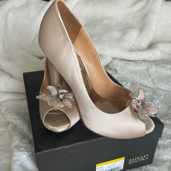 Badgley Mischka Cleone Satin Peep-Toe with Embellishments - Picture 1 of 8